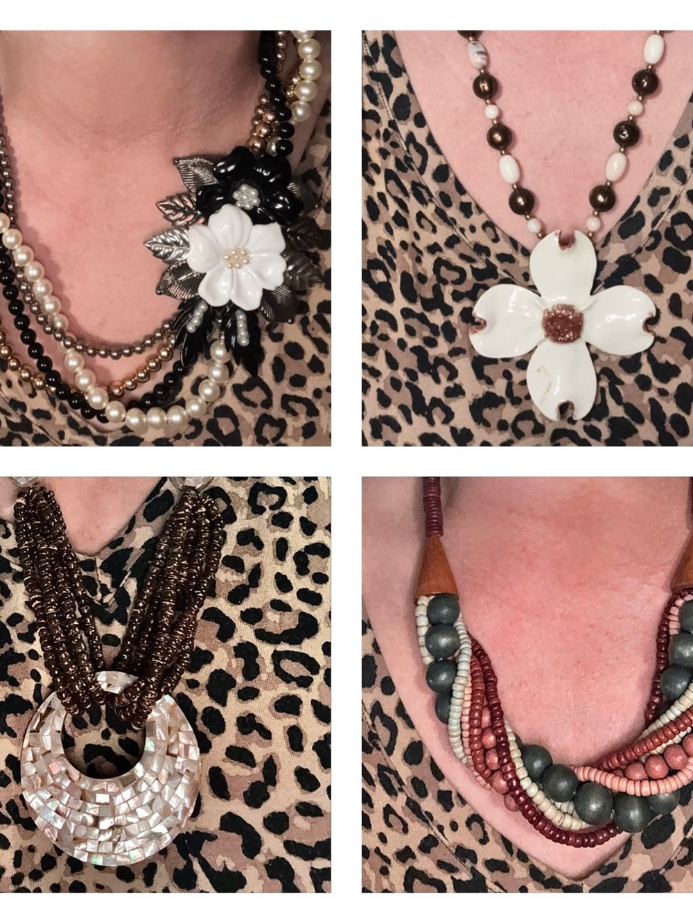 Vintage Multi-Strand Brown and White Floral & Statement Necklace - Unbranded